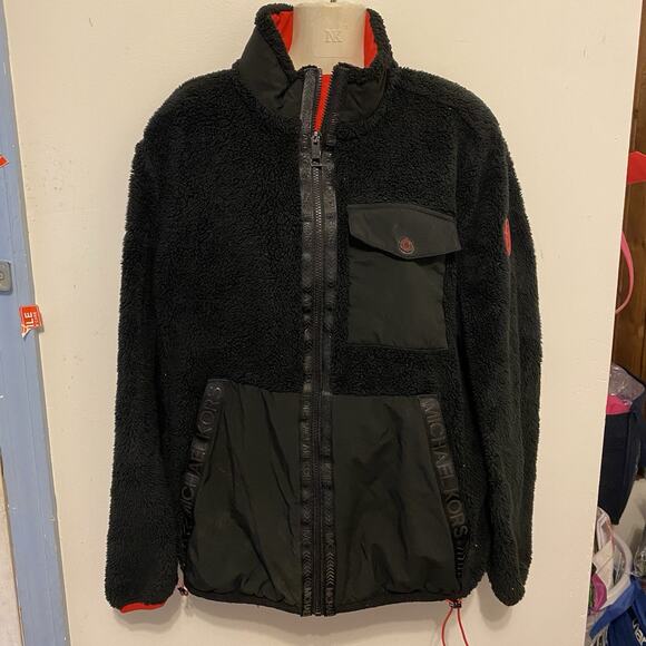 Michael Kors Jacket Men M Black Fleece Teddy Full Zip Mixed Media Elastic Waist - Picture 12 of 13